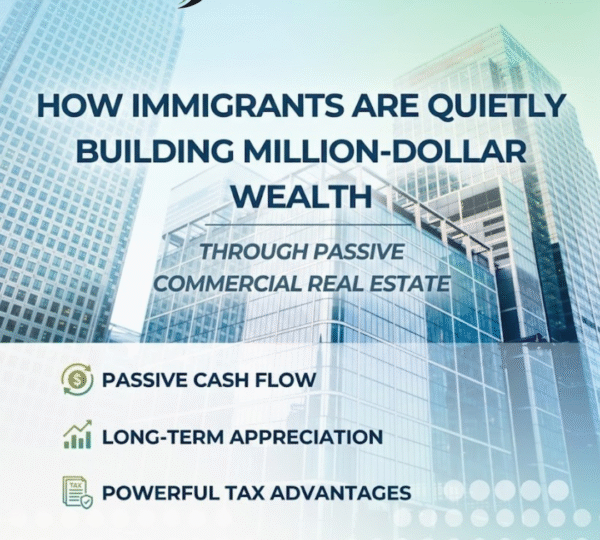 AwesomeROI commercial real estate investing graphic featuring modern office buildings with the headline “How Immigrants Are Quietly Building Million-Dollar Wealth Through Passive Commercial Real Estate” highlighting passive cash flow, long-term appreciation, and tax advantages for investors.