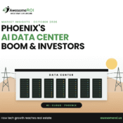 Phoenix data center boom with AI server racks and power lines in the Arizona desert